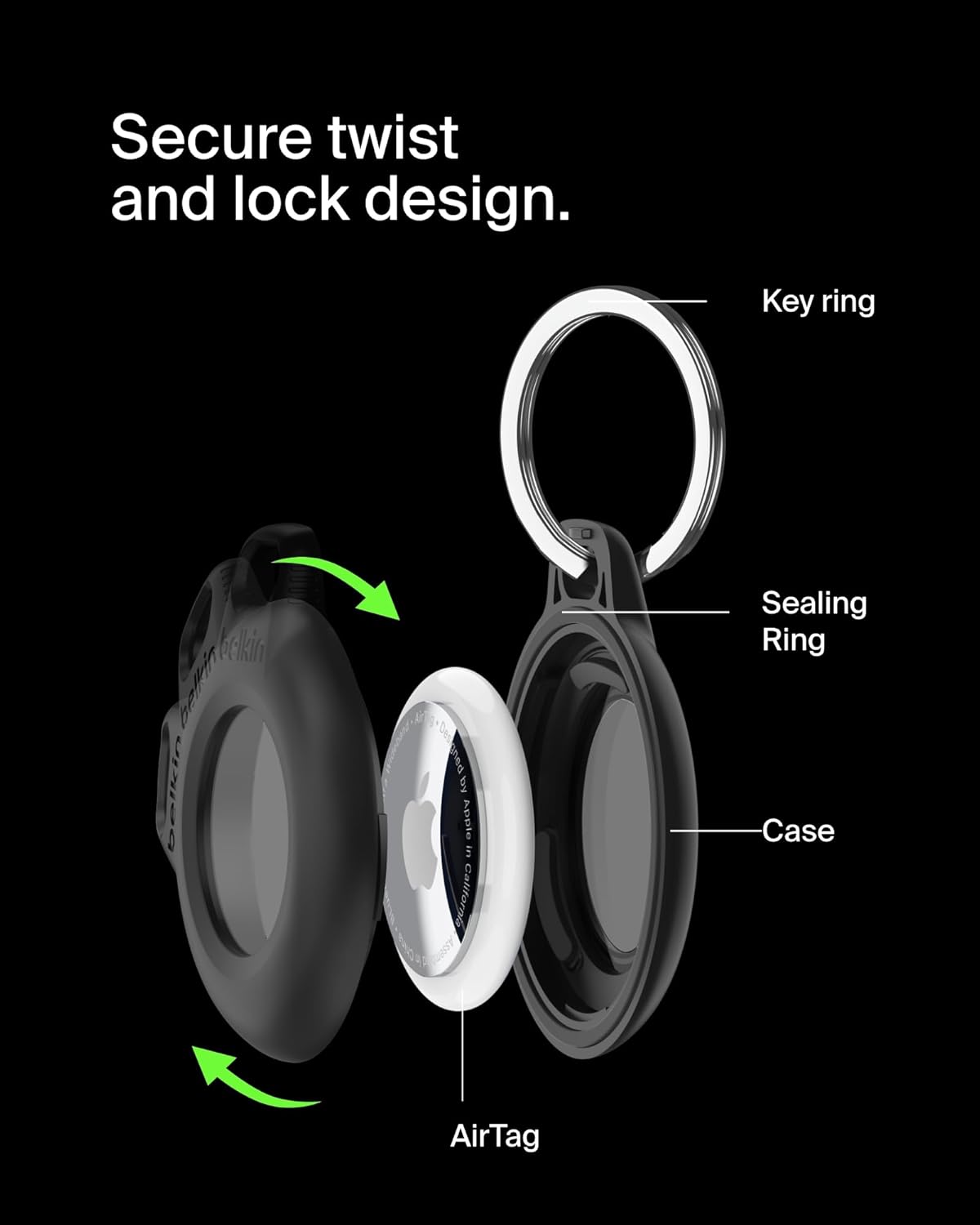 Belkin Waterproof AirTag Holder with Key Ring IPX8 Secure Case Black