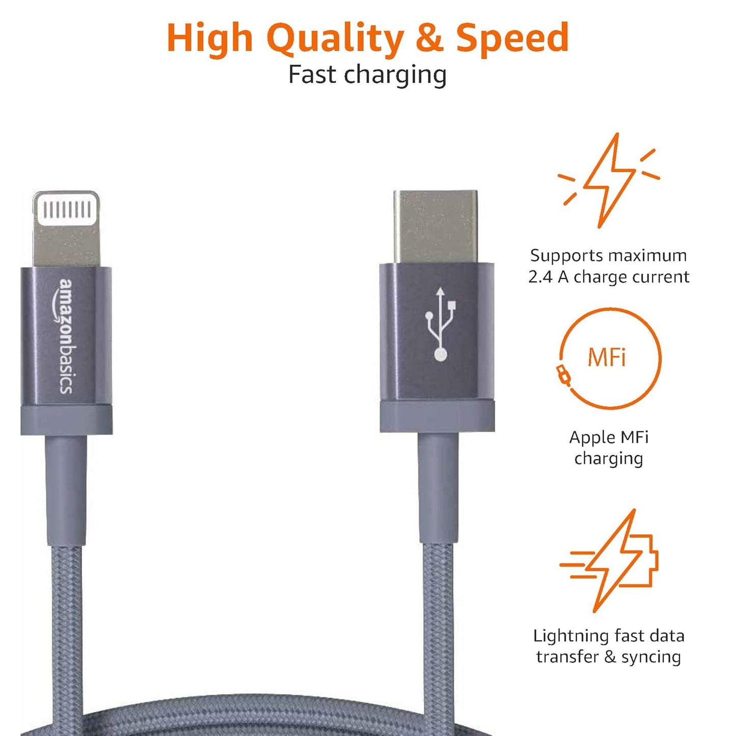 Amazon Basics Nylon Braided USB-C to Lightning Charger Cable 3/6ft