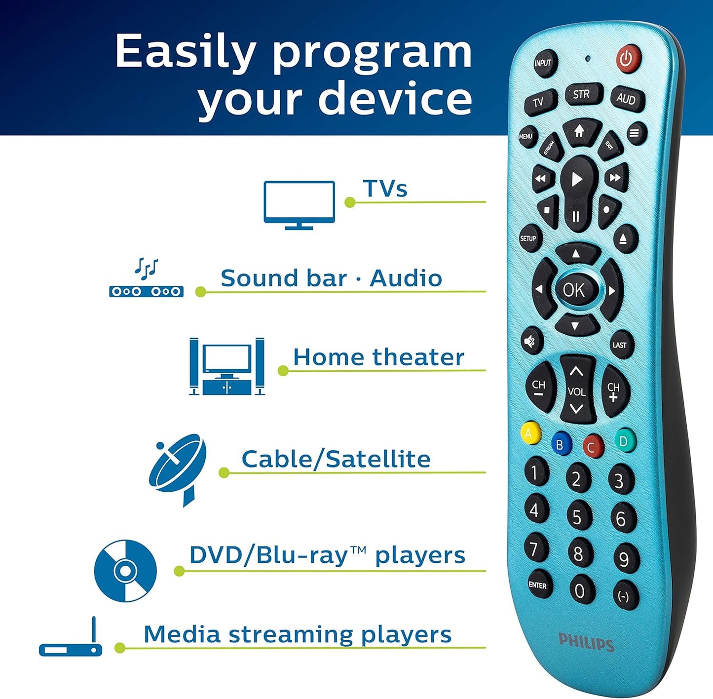 Philips Universal Remote SRP3249B/27 – 3-Device TV Control, Blue
