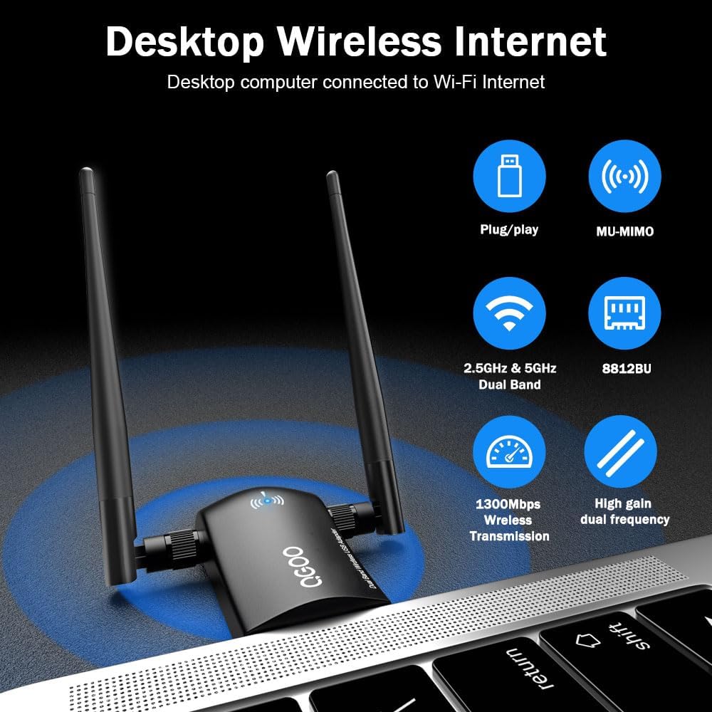 Wireless WiFi Adapter for Desktop PC - QGOO AC1300Mbps USB 3.0 Network Dongle with Dual 5dBi High Gain Antennas (OPEN BOX)
