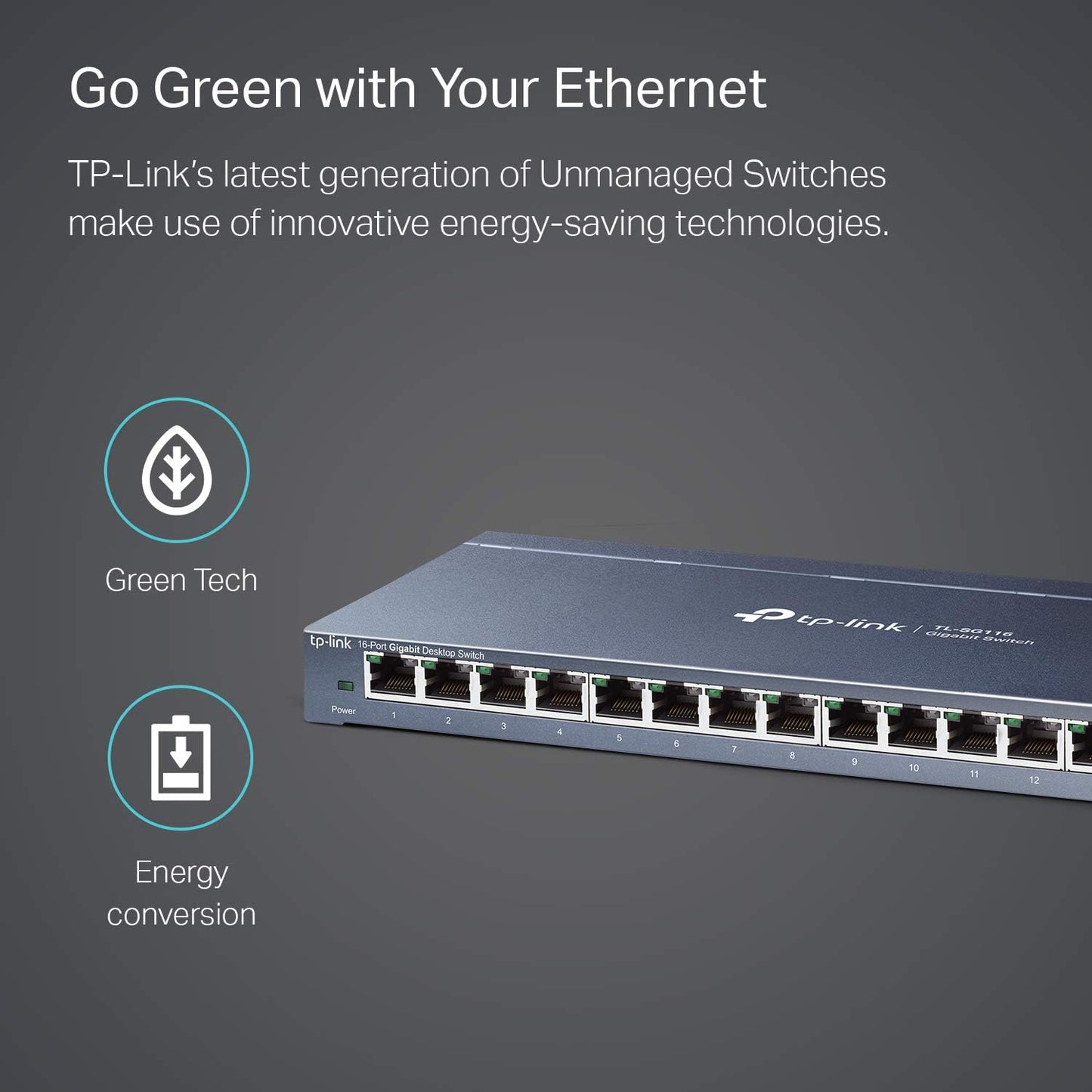 TP-Link TL-SG116 16-Port Gigabit Ethernet Switch – Fanless, Metal Case, Desktop/Wall-Mount