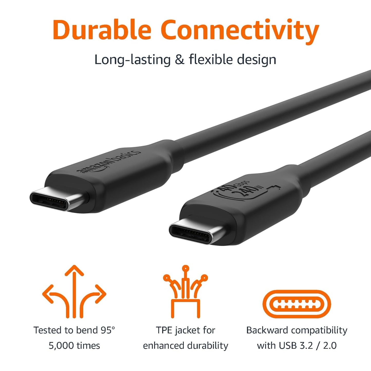 Amazon Basics USB-C to USB-C 4 Fast Charging Cable, 40Gbps, 8K Video, 240W (OPEN BOX)