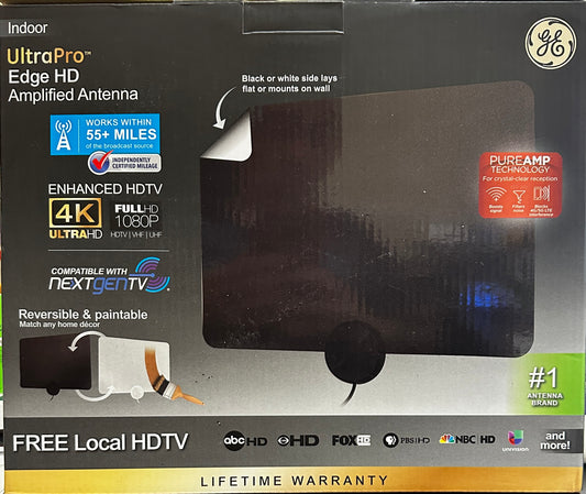 GE UltraPro-Thin Amplified Indoor TV Antenna – 55 Mile Range