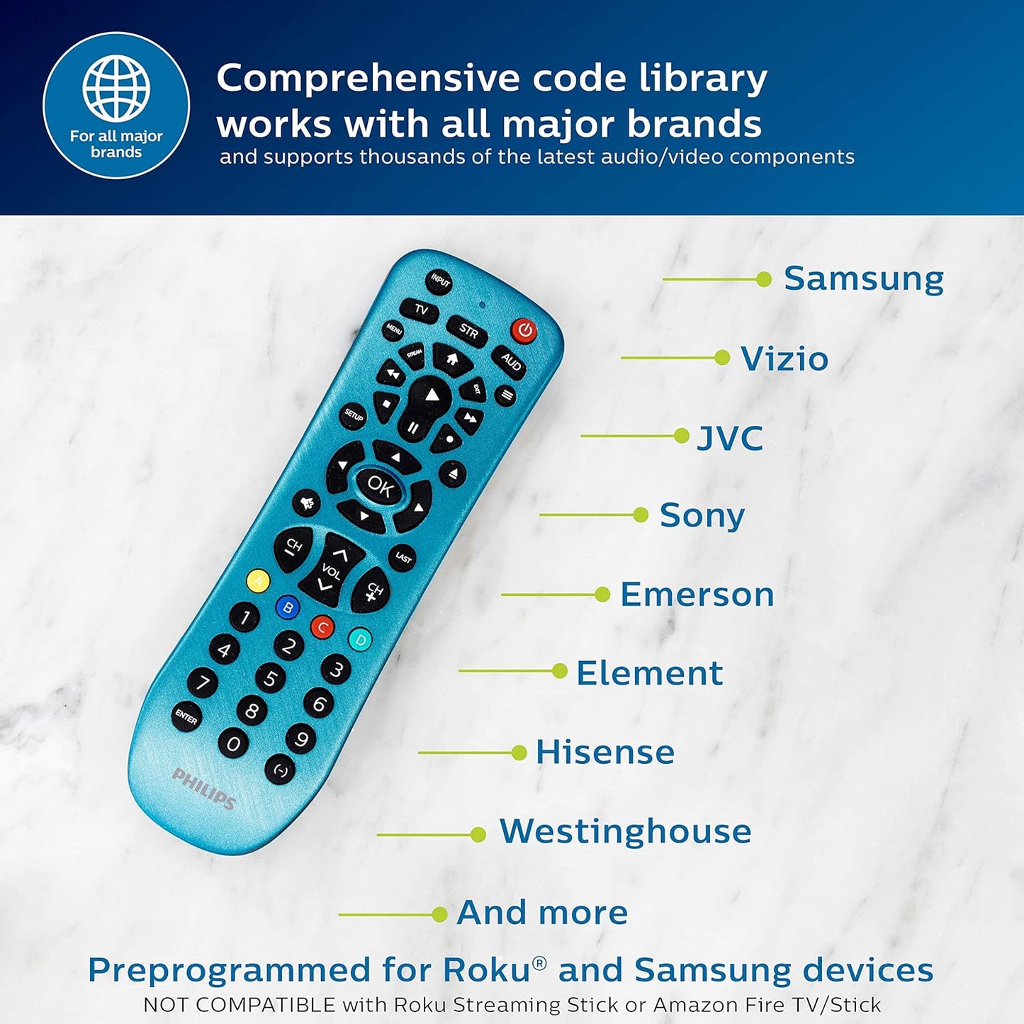 Philips Universal Remote SRP3249B/27 – 3-Device TV Control, Blue