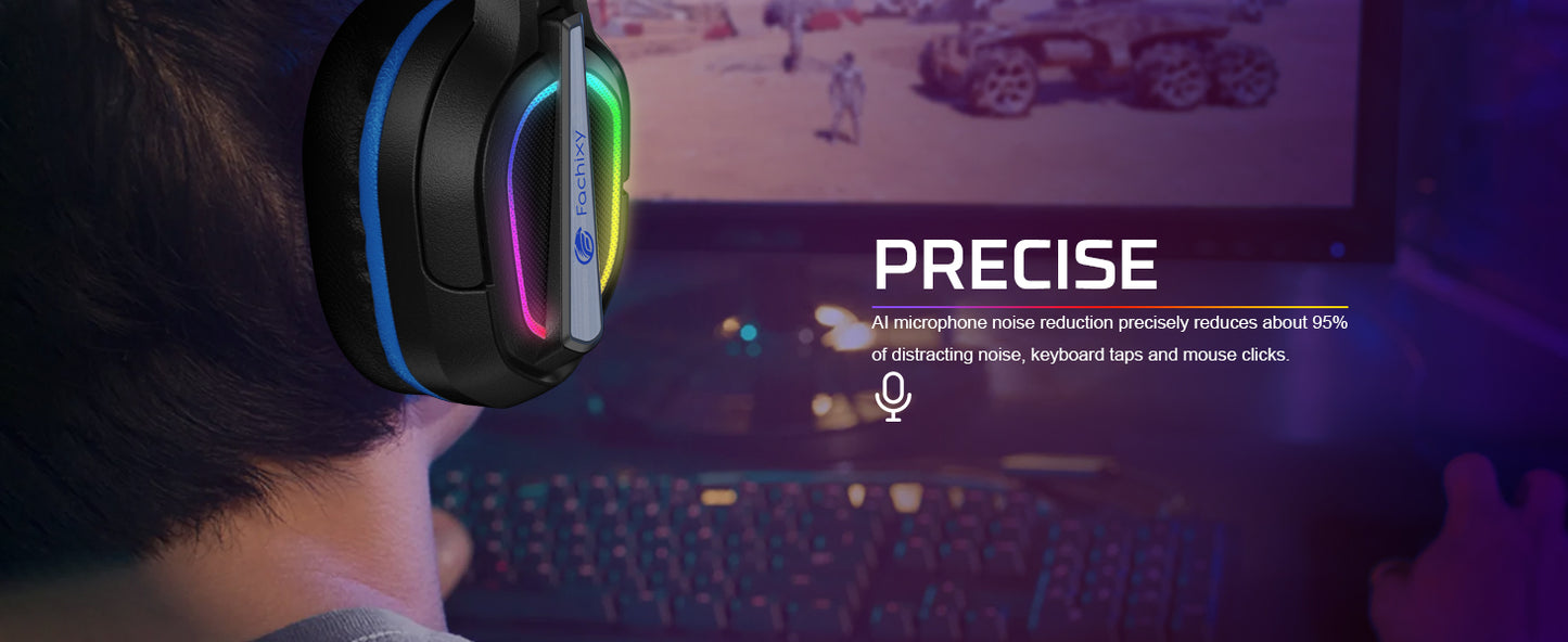 Fachixy FC200 Gaming Headset with Mic for PS4/PS5/PC/Mac/Xbox One, Noise Canceling Headset with Stereo Microphone Sound, Computer Headset with 3.5mm Jack & RGB Light