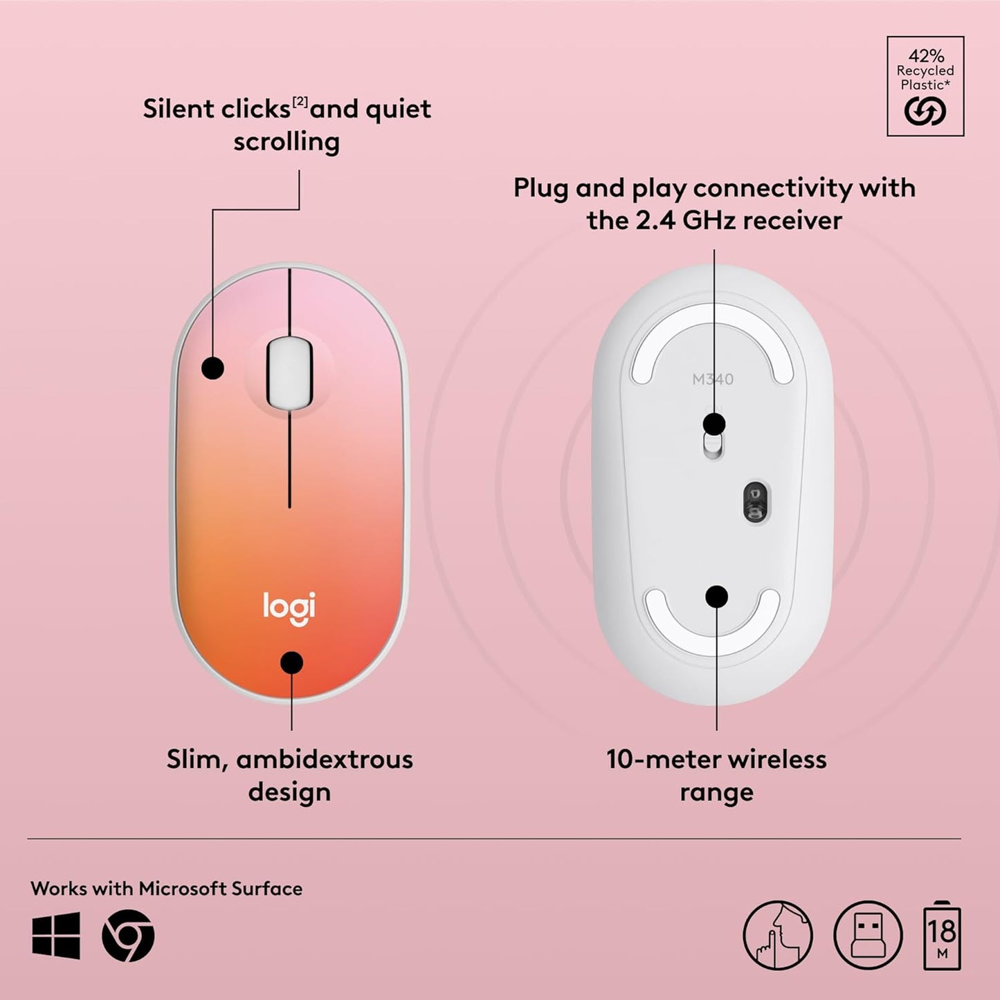 Logitech M340 Wireless Mouse – Silent Clicks, USB Receiver – Tropical Sunrise