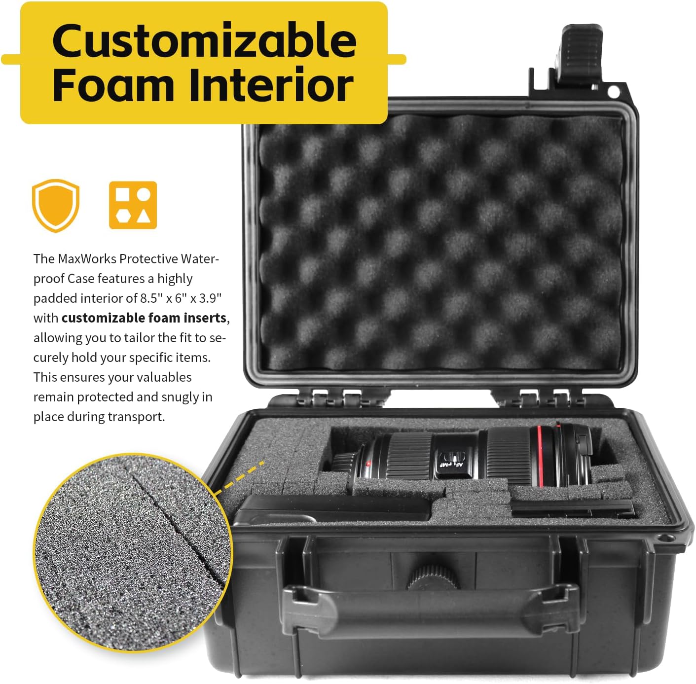 MaxWorks 51015 IP67 Waterproof Hard Case – Custom Foam, 9.1" x 7.6" x 4.4"