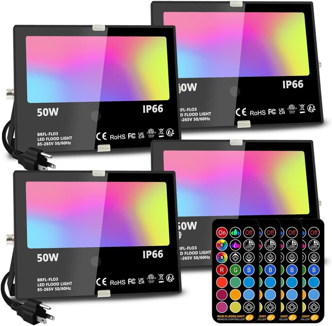 MELPO 50W RGB LED Flood Lights 4 Pack – 12 Colors 4 Modes Remote IP66