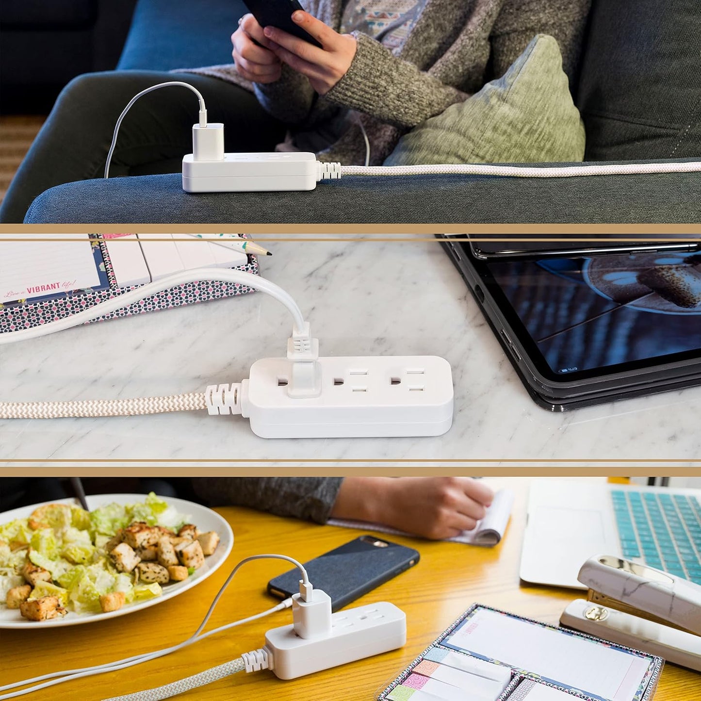 Cordinate 10 ft. 16/3 Designer 250J 3-Outlet Surge Protector Power Strip, White