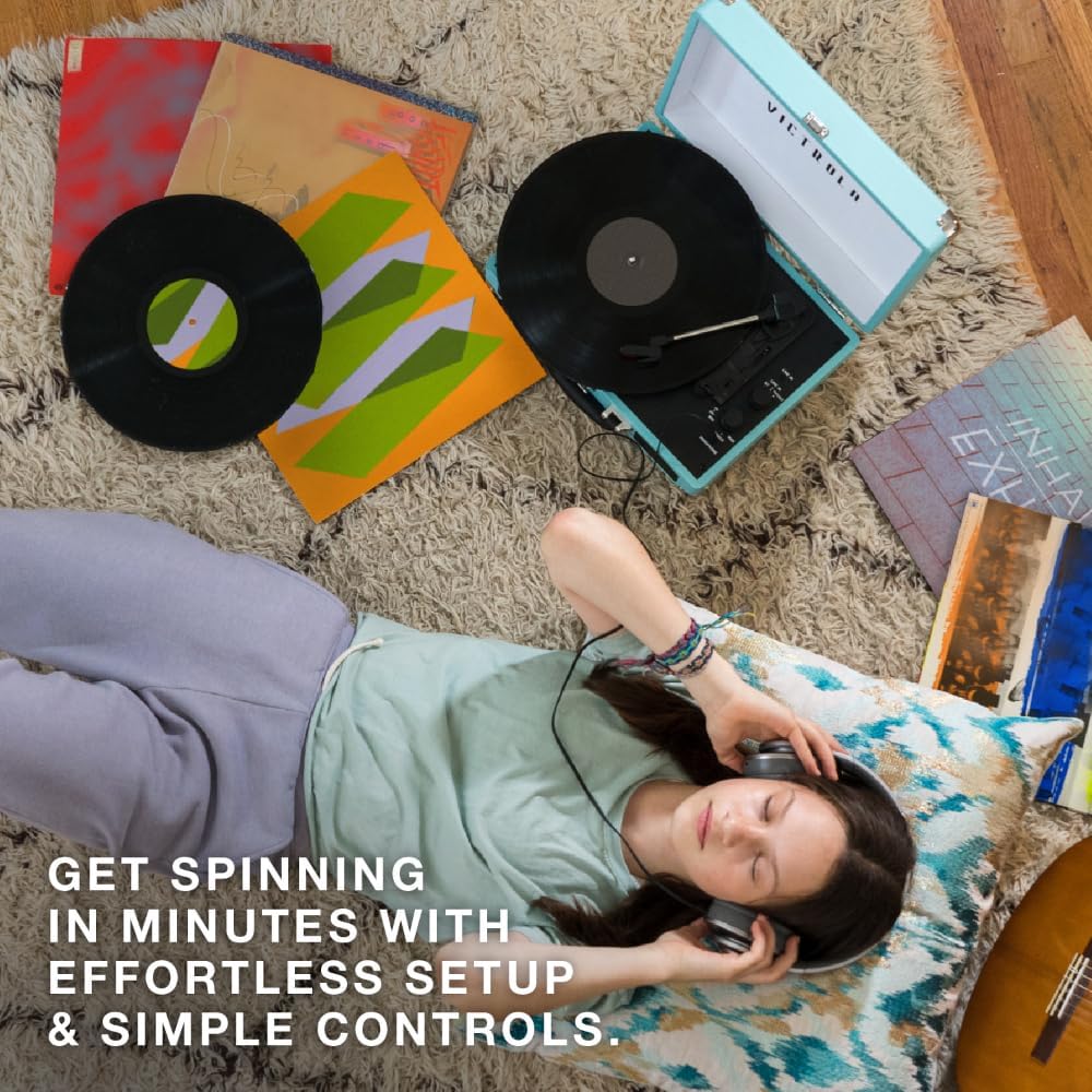 Victrola Journey Bluetooth Suitcase Record Player – 3-Speed Turntable, Built-in Speakers, Turquoise