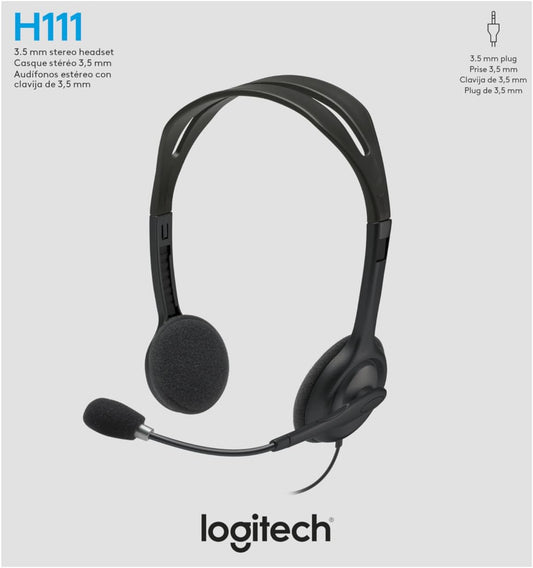 Logitech H111 Wired Stereo Headset with Noise-Cancelling Mic – 3.5mm Jack – Black
