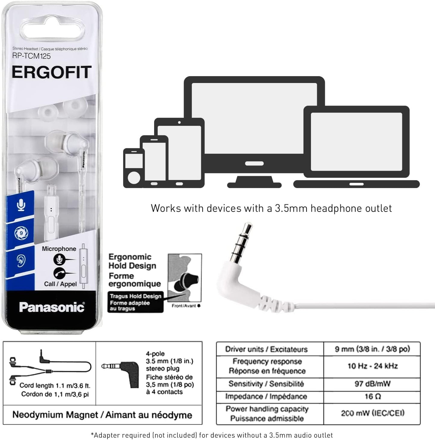 Panasonic ErgoFit Wired Earbuds TCM125 (OPEN BOX)