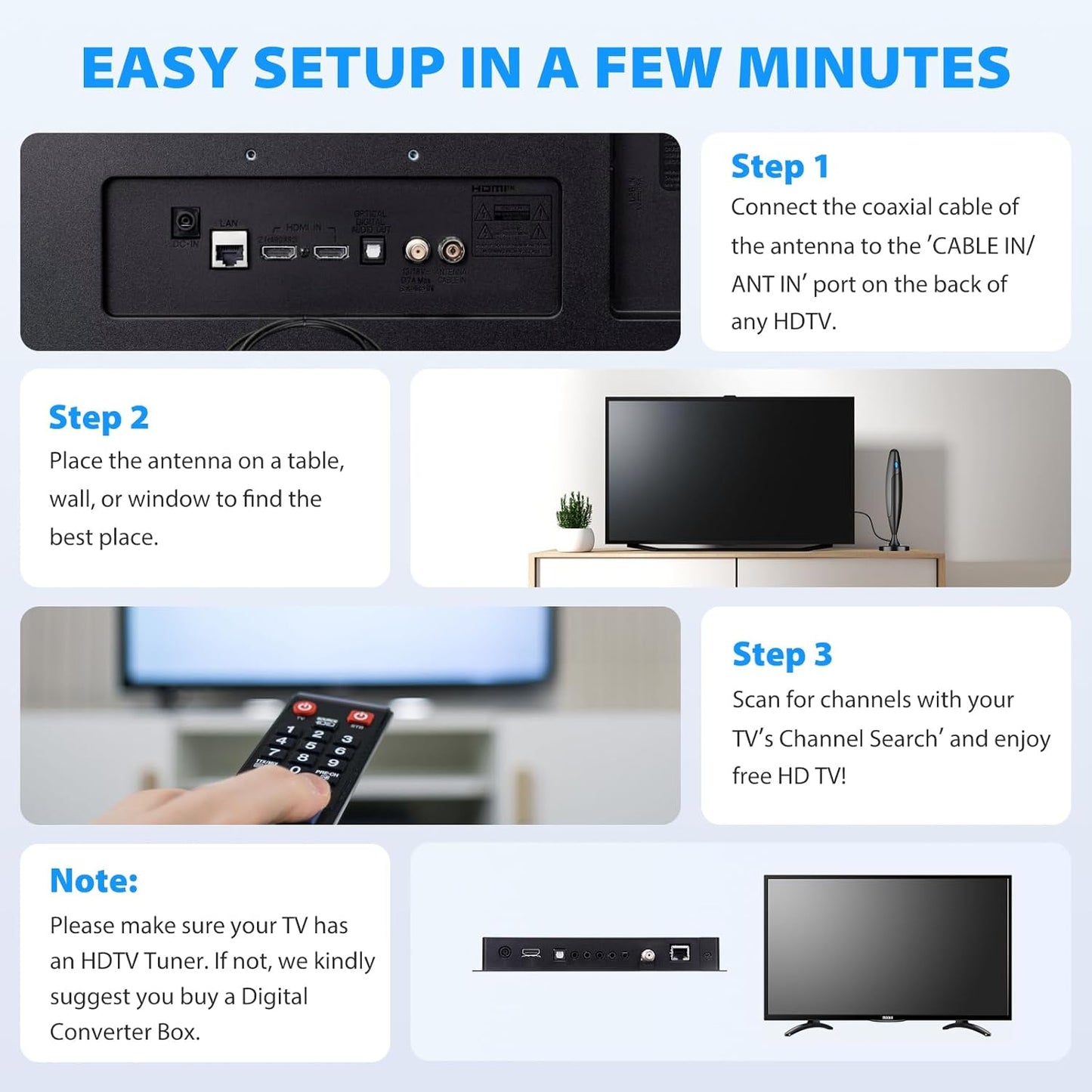 Qtbvae HD Digital TV Antenna Indoor/Outdoor w/ Amplifier Signal Booster
