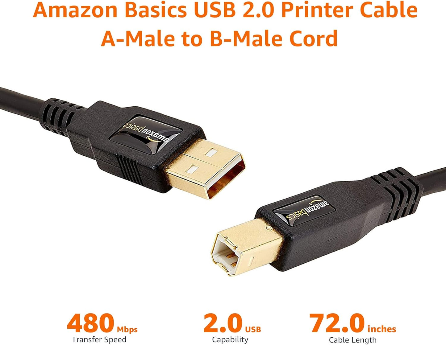 Amazon Basics USB-A to USB-B 2.0 Cable with 480 Mbps Transfer Speed for Printer