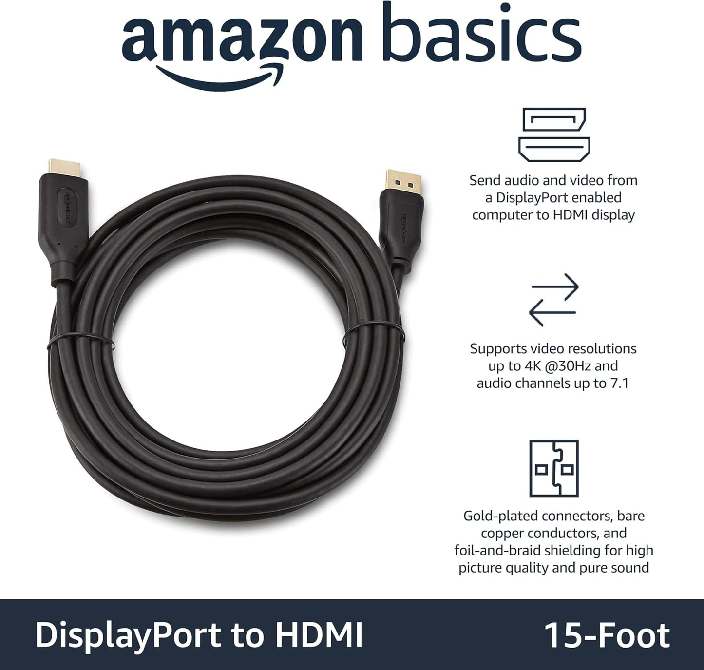 Amazon Basics DisplayPort to HDMI Display Cable, Unidirectional, 4k@30Hz, 1920x1200, 1080p, 15 Feet, Black
