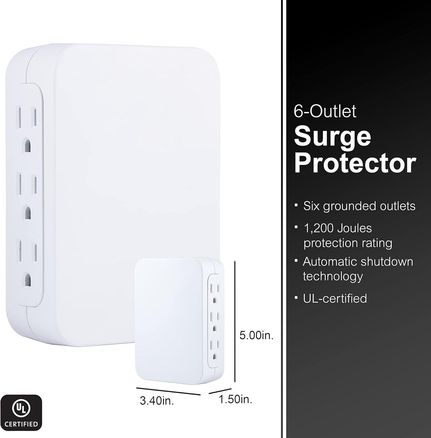 GE UltraPro 6-Outlet Extender-Surge Protector-Side Access-Wall Tap Adapter 3-Pron