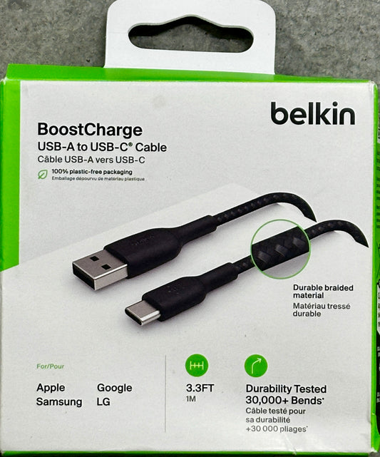 Belkin BoostCharge USB-C to USB-A Cable 3.3ft (15W) – Braided, Durable, Universal Charging Cord