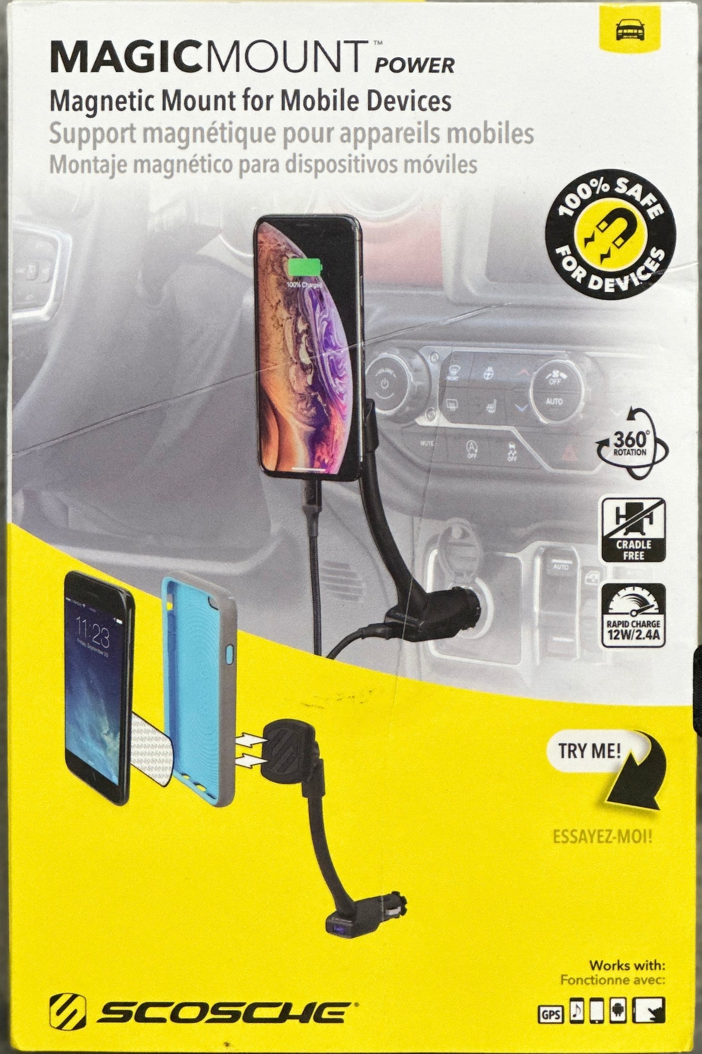 Scosche Magnetic Car Phone Mount w/ USB Charger– Adjustable Arm, 12V Socket Plug-In