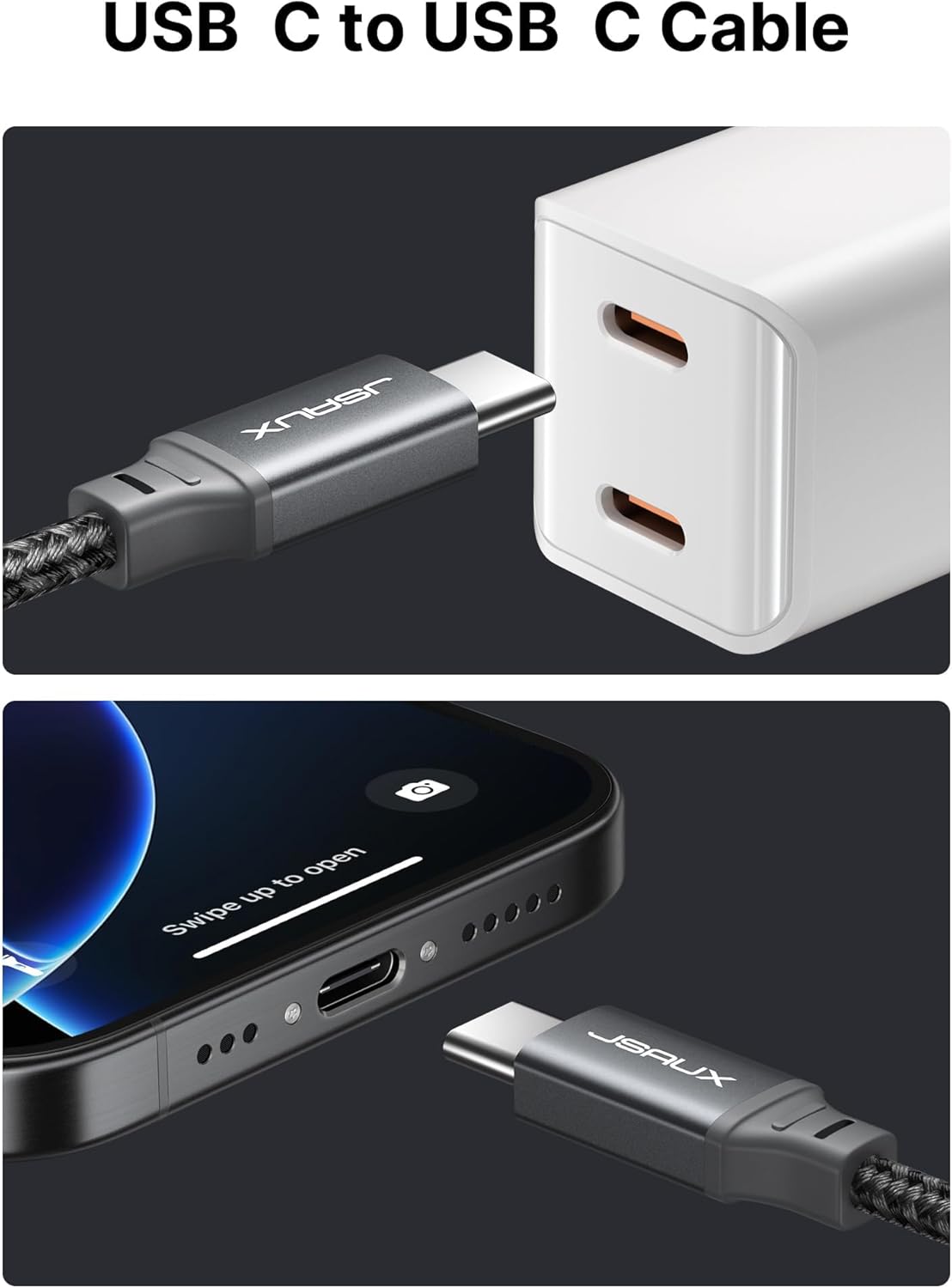 JSAUX 100W USB C to USB C Cable [2-Pack 6.6FT] Type C Fast Charging Cable