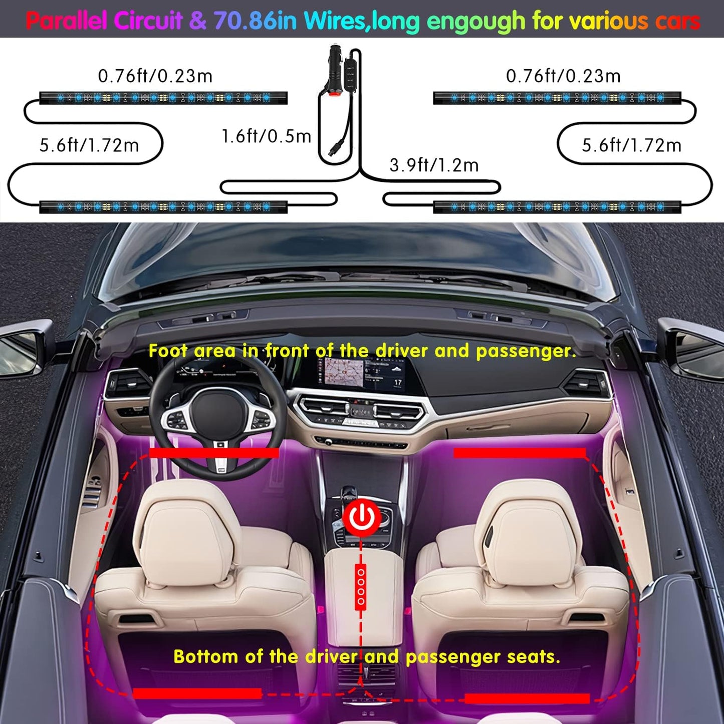 LED Car Interior Ambient Foot Strip Light Kit Backlight