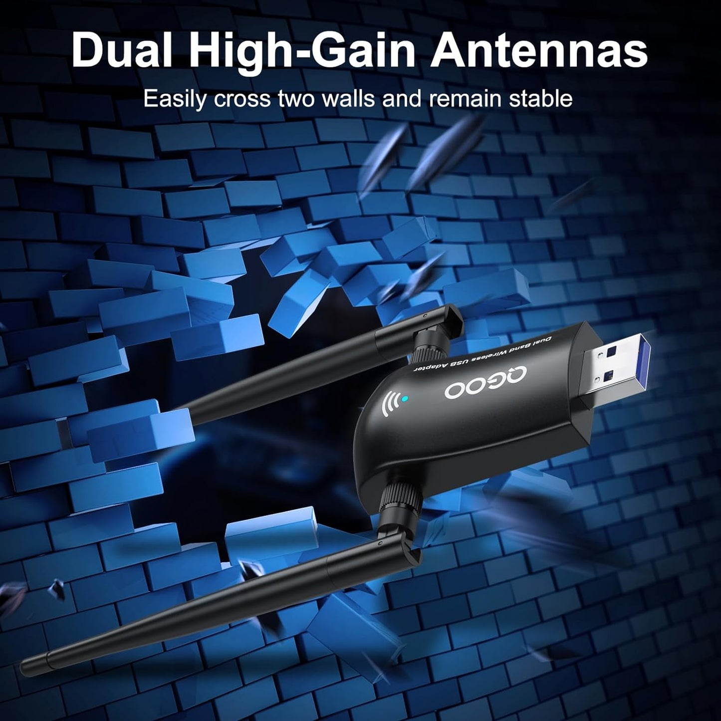 Wireless WiFi Adapter for Desktop PC - QGOO AC1300Mbps USB 3.0 Network Dongle with Dual 5dBi High Gain Antennas (OPEN BOX)