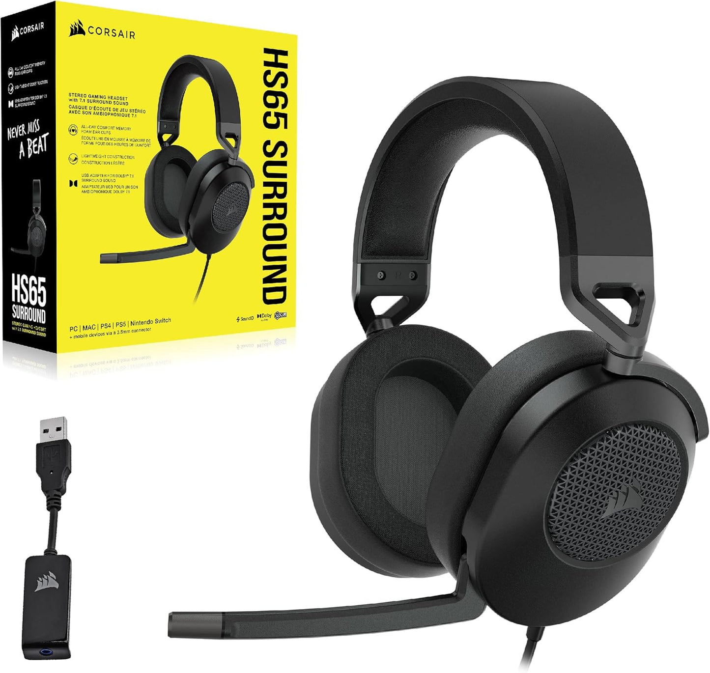 CORSAIR HS65 Surround Wired Gaming Headset – Dolby Atmos – PC, Mac, PS5, Xbox – Carbon
