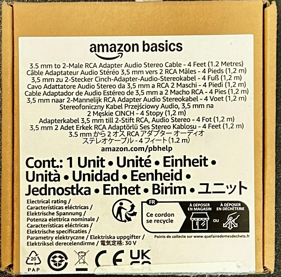 Amazon Basics 3.5mm to RCA Audio Cable 4ft Gold Plated Aux Adapter