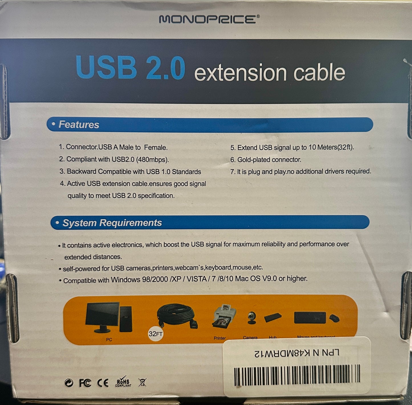 Monoprice USB Type-A to Female 2.0 Extension Cable 32 Feet, Black (OPEN BOX)