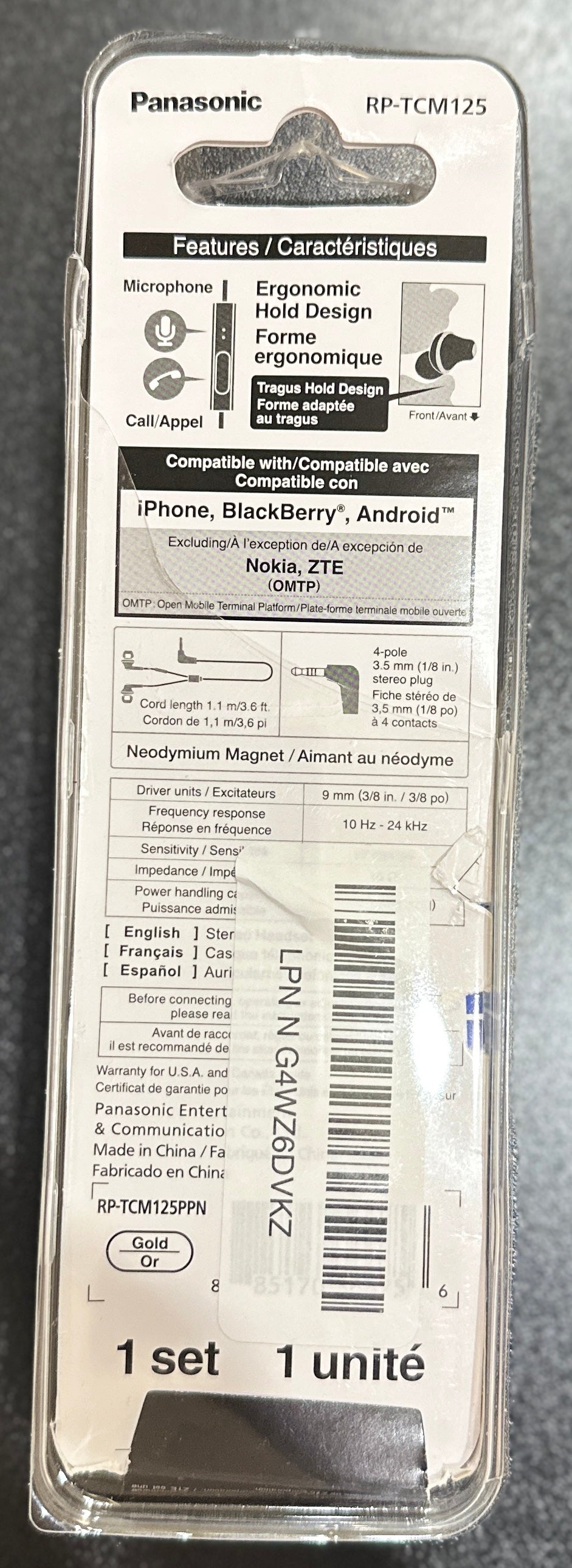 Panasonic ErgoFit Wired Earbuds TCM125 (OPEN BOX)