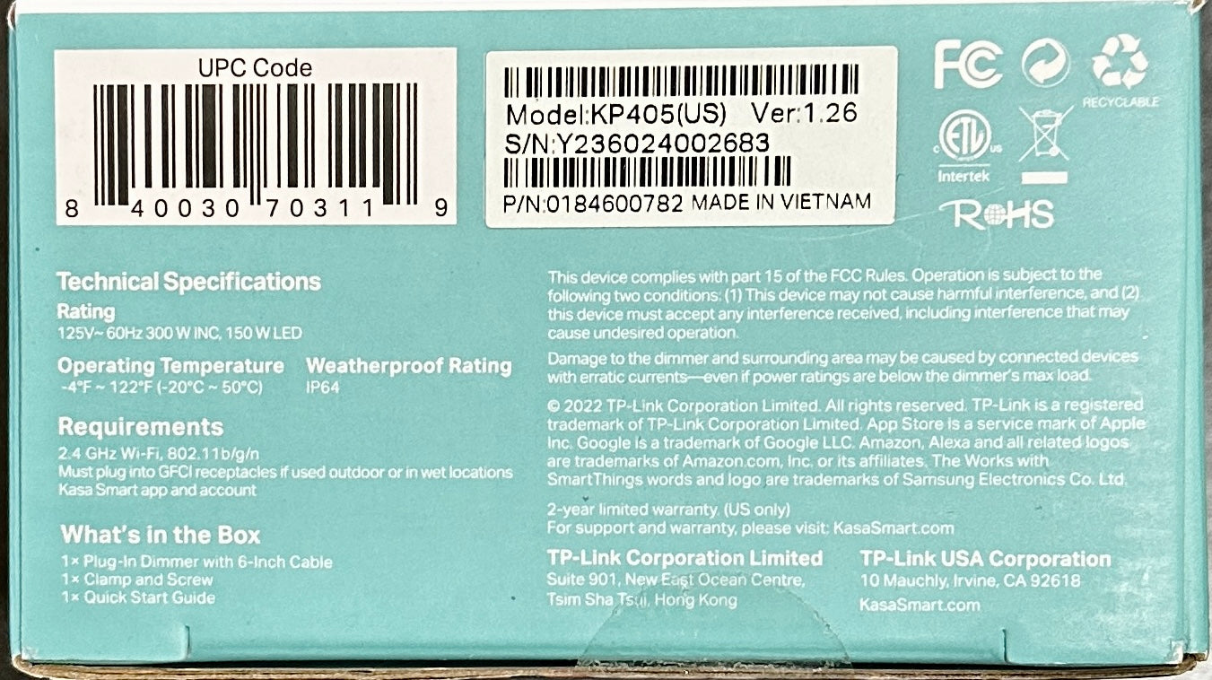 Kasa Smart Wi-Fi Outdoor Dimmer KP405