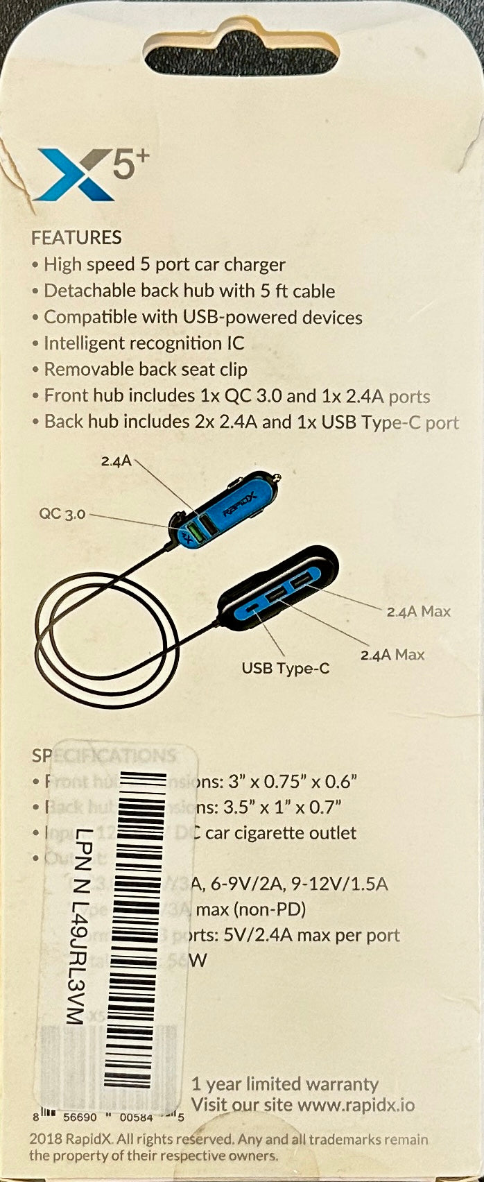 RapidX X5 Plus Car Charger 5 USB Ports QC 3.0/Type C Navy (OPEN BOX)