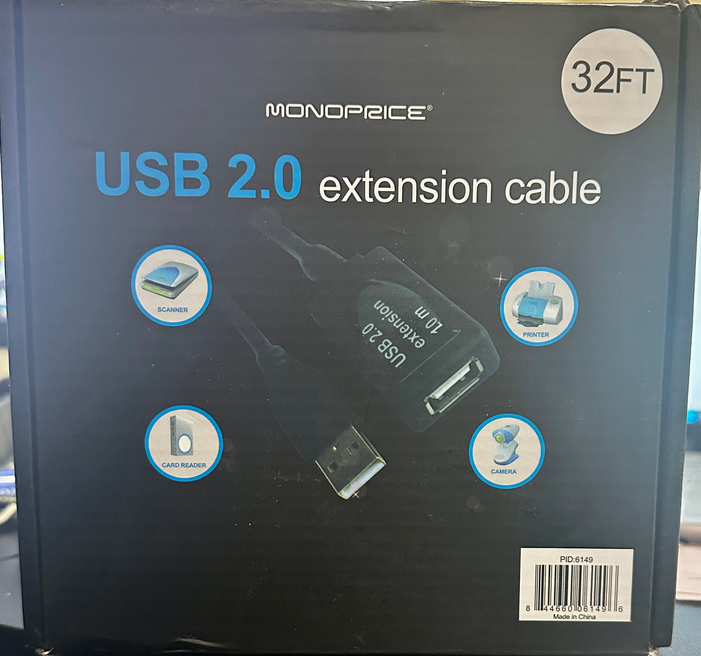 Monoprice USB Type-A to Female 2.0 Extension Cable 32 Feet, Black (OPEN BOX)