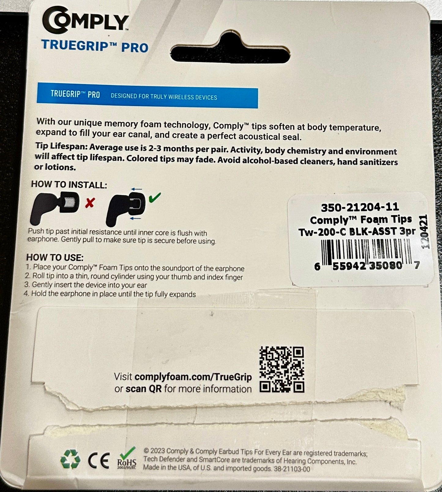 Comply Truegrip Pro Premium Earphone Foam Tips TW-200-C Black (OPEN BOX)