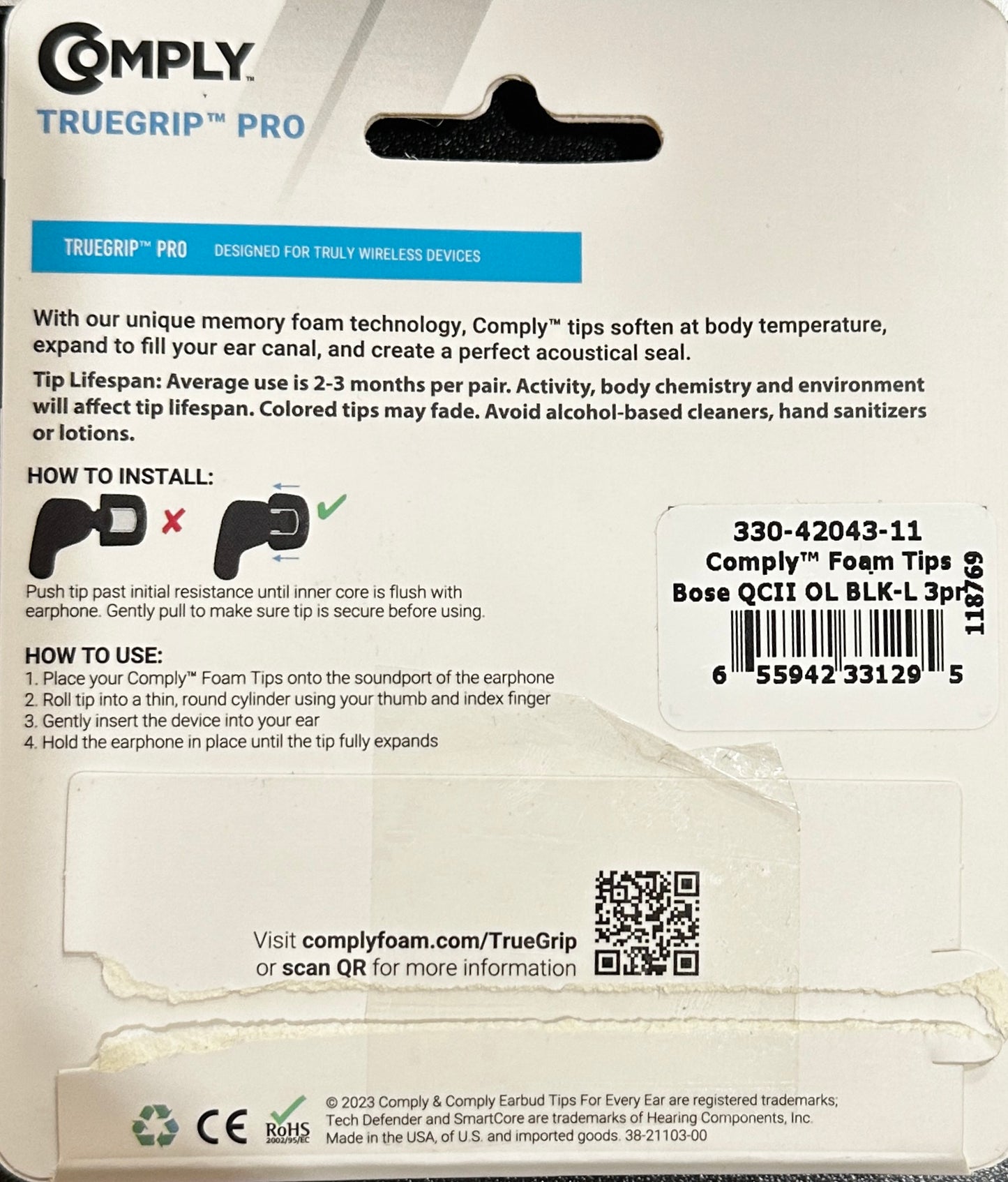 Comply Foam Ear Tips for Bose QuietComfort II and Ultra-Large (OPEN BOX)