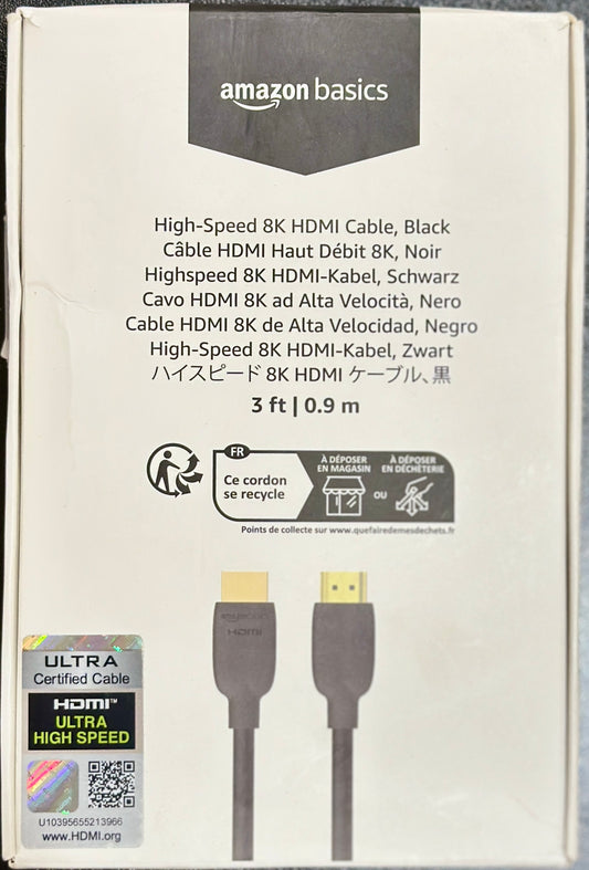 Amazon Basics HDMI Cable 48Gbps High-Speed, 8K@60Hz, 4K@120Hz, (OPEN BOX)