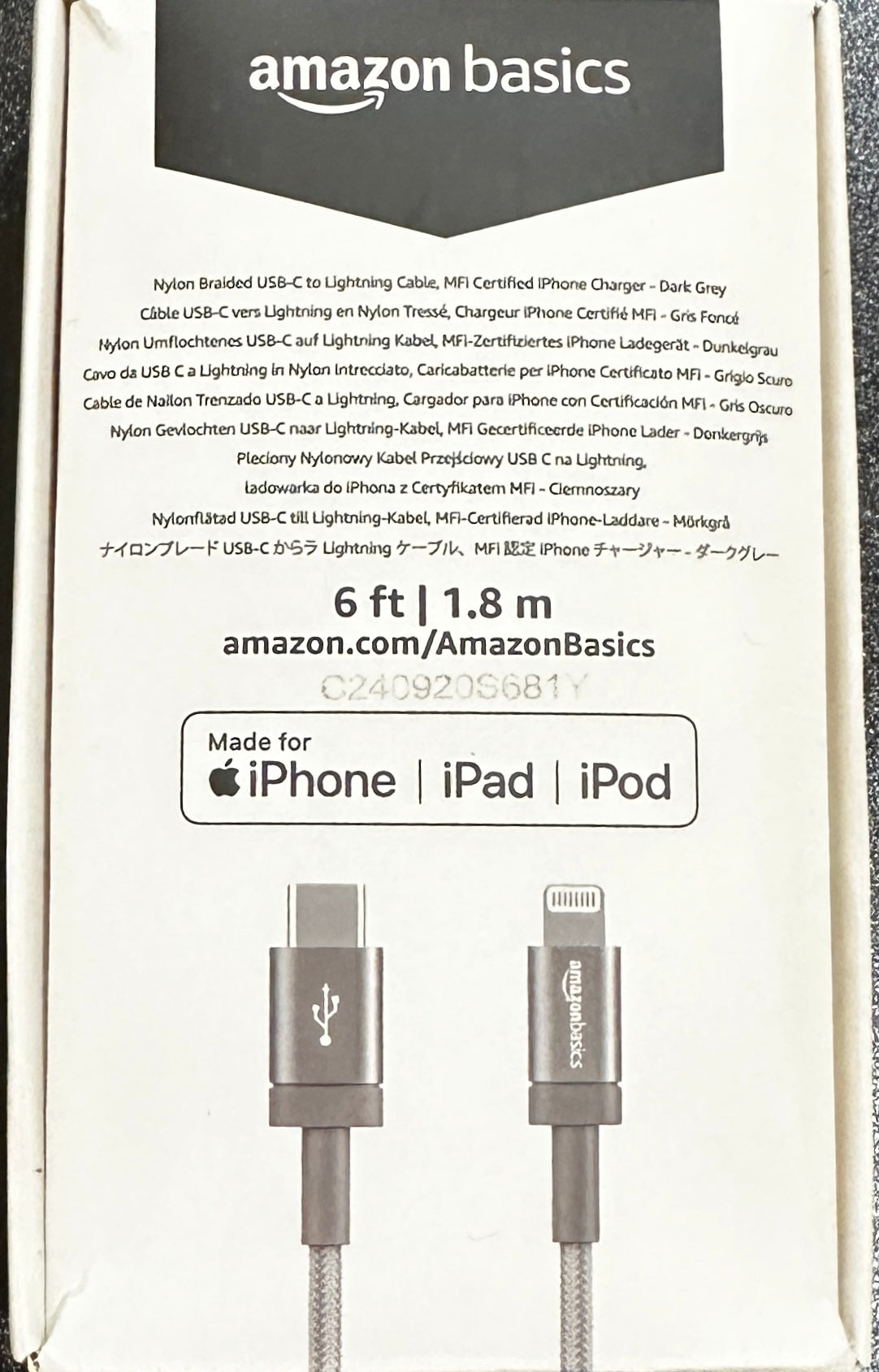 Amazon Basics Nylon Braided USB-C to Lightning Charger Cable 3/6ft