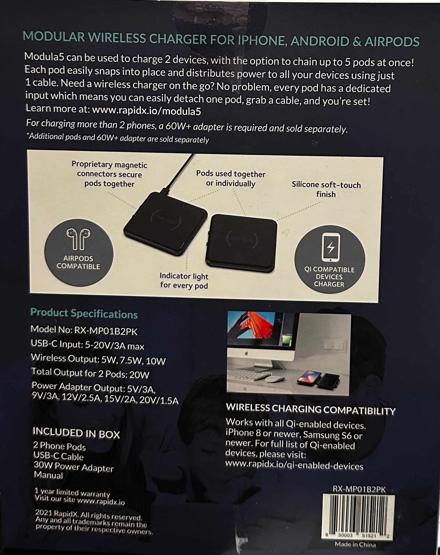 RapidX Modula5 Modular Wireless Charging Pod System (Model: RX-MP01B2PK) (OPEN BOX)