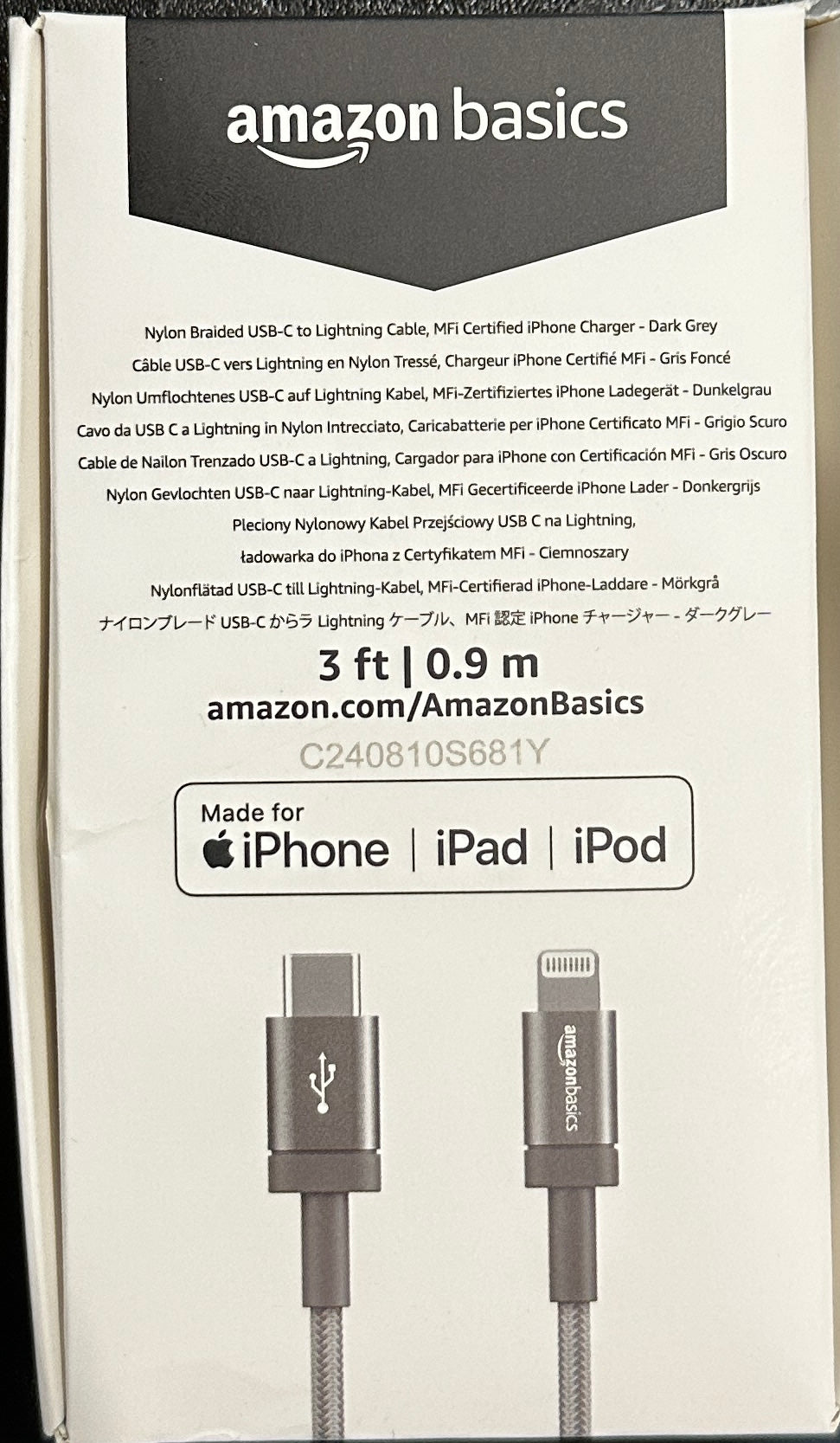 Amazon Basics Nylon Braided USB-C to Lightning Charger Cable 3/6ft